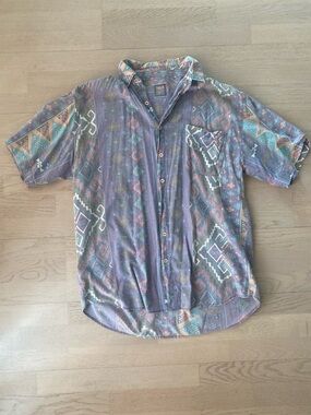 Vintage Short-Sleeve Aztec Print Button-Up Shirt